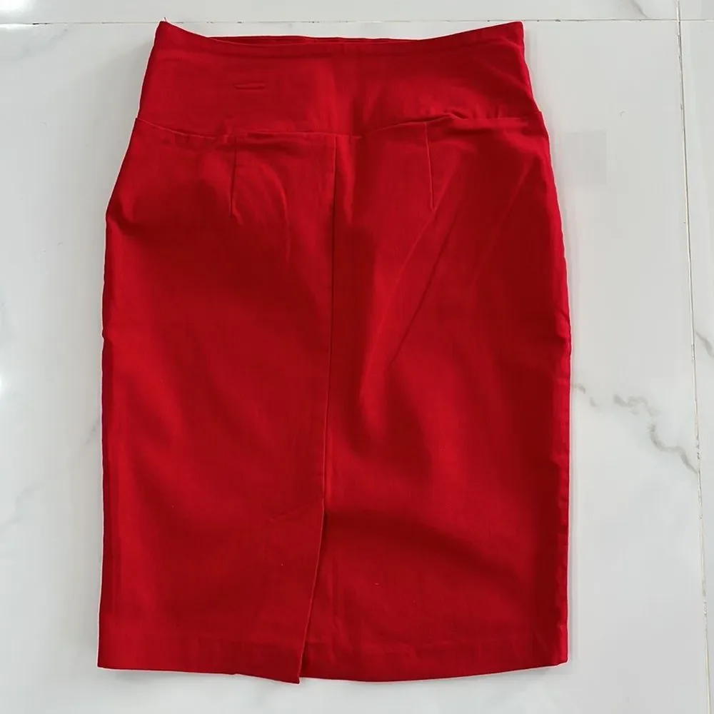 SOLID RED MIDI PENCIL SKIRT BACK SLIT SZ M STRECHY HIGT WAITS